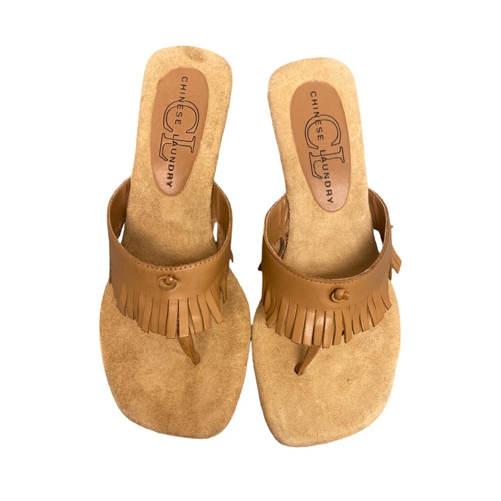 Chinese Laundry Jennifer Leather Fringe Sandals Women’s 5 Tan